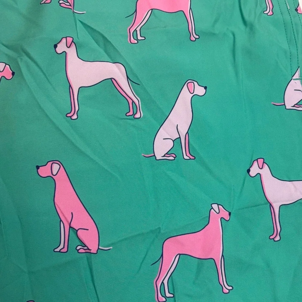 Mens Tropical Dog Print Swim Trunks Teal‎ Pink Retro Preppy Board Shorts